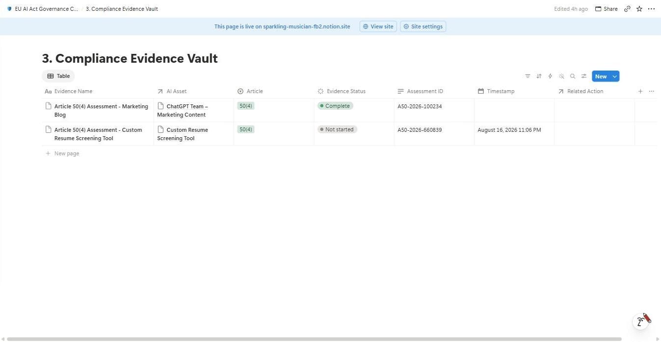 Compliance Evidence Vault database in Notion