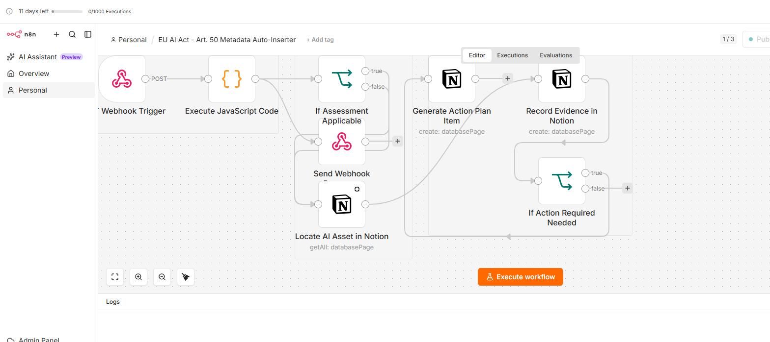 n8n automation workflow for EU AI Act Article 50 compliance